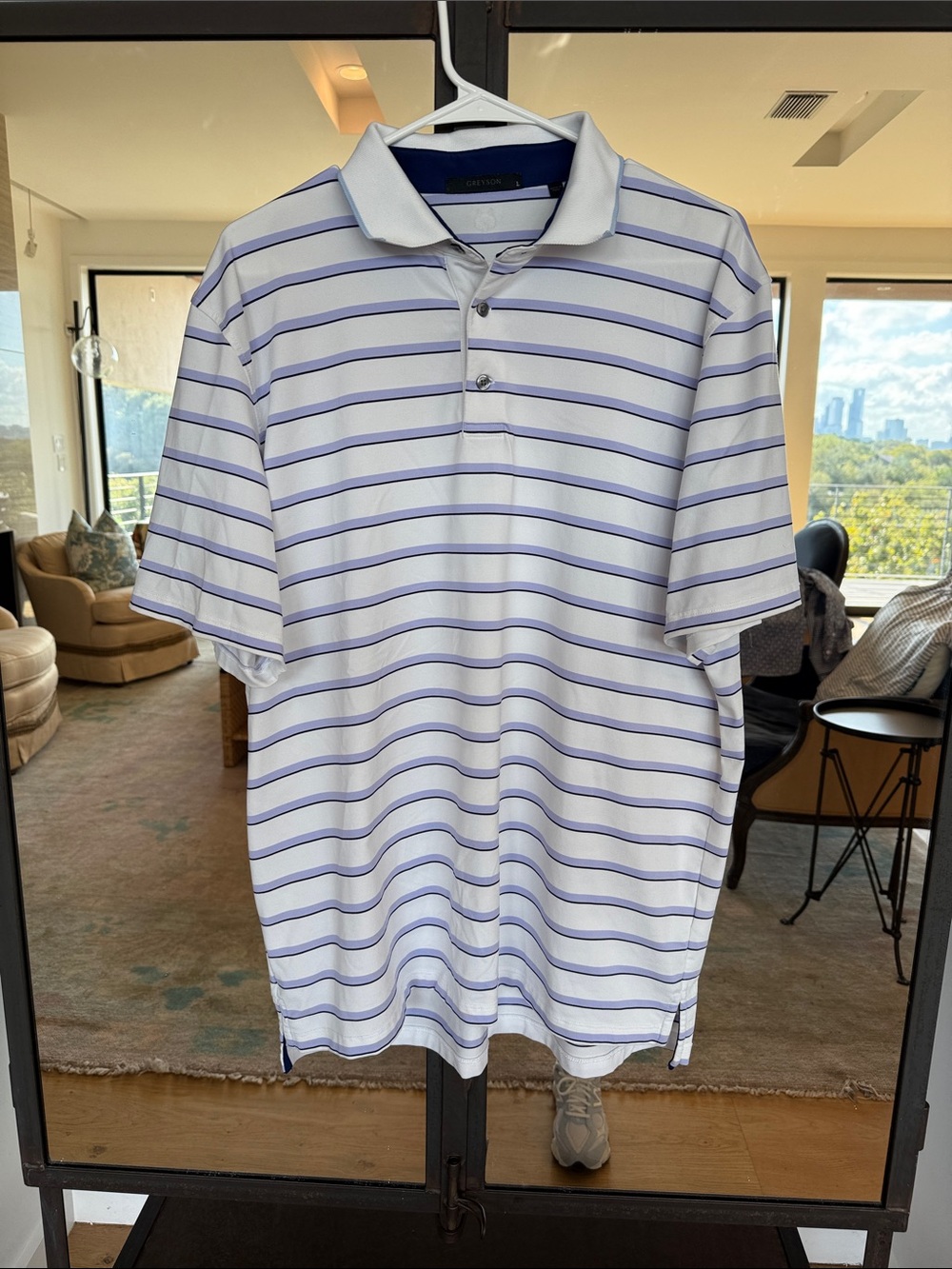 Greyson White Polo with Purple Stripe